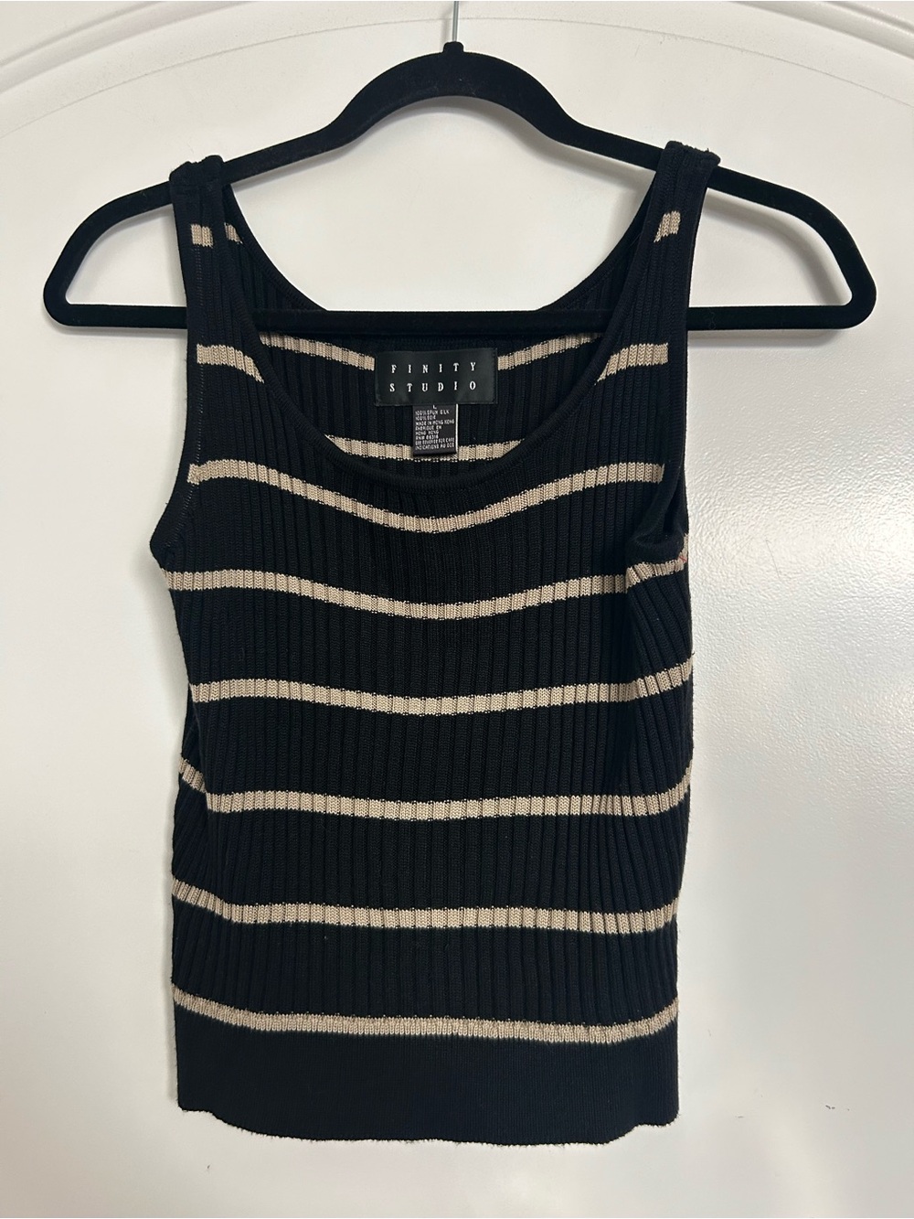 Vintage 90s 100% Silk Ribbed Stripe Tank Top Black Cream Size L Chic Minimalist